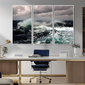 38622353-MGV-CV-36X24-Stormy Ocean Waves Canvas Wall Art – Framed Turbulent Sea Print, Large Nature Canvas for Coastal, Living Room, or Office Spaces