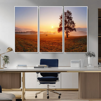 57919623-MGV-CV-36X24-Golden Sunrise Landscape Canvas Wall Art - Framed Misty Field Print, Large Nature Canvas for Living Room, Office, or Home Decor