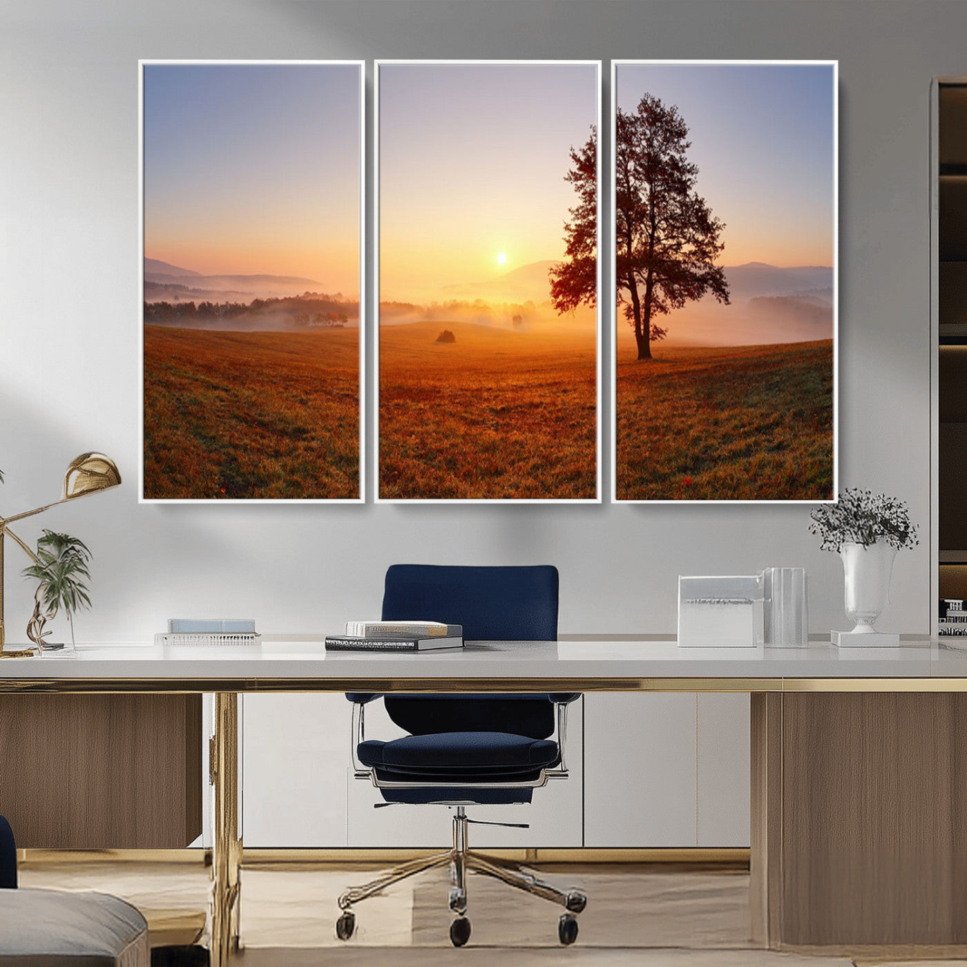 57919623-MGV-CV-36X24-Sunrise Landscape Wall Art – Golden Morning Canvas Print with Tree, Misty Hills and Open Field, Peaceful Nature Photography for