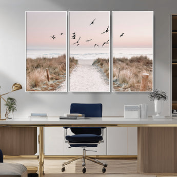 34632598-MGV-CV-36X24-Beach Pathway Wall Art – Coastal Canvas Print with Sandy Trail, Flying Birds and Pastel Sky, Serene Ocean Landscape Photography