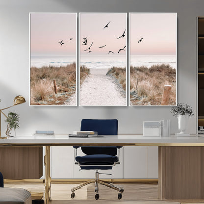 34632598-MGV-CV-36X24-Beach Pathway Wall Art – Coastal Canvas Print with Sandy Trail, Flying Birds and Pastel Sky, Serene Ocean Landscape Photography