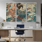 52037775-MGV-CV-36X24-Samurai Woman Wall Art – Japanese Ukiyo e Style Canvas Print with Katana, Ocean Waves and Octopus, Traditional Asian Inspired