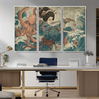 52037775-MGV-CV-36X24-Samurai Woman Wall Art – Japanese Ukiyo e Style Canvas Print with Katana, Ocean Waves and Octopus, Traditional Asian Inspired