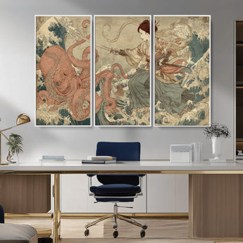54879547-MGV-CV-36X24-Tsukioka Yoshitoshi Samurai Wall Art Print, Japanese Katana Warrior Canvas Wall Art, Octopus Sea Monster Canvas Print,