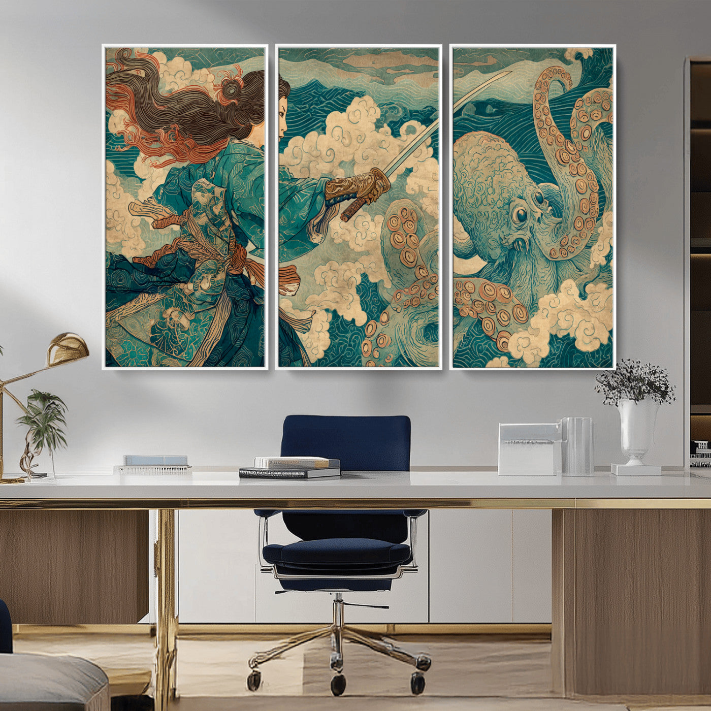 37943964-MGV-FC-48X32-3P_White-Samurai Warrior vs Octopus Wall Art – Japanese Ukiyo-e Style Canvas Print, Ocean Battle Scene Artwork for Living Room, Office, Man