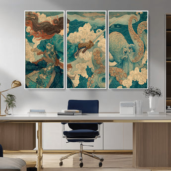 37943964-MGV-FC-48X32-3P_White-Samurai Warrior vs Octopus Wall Art – Japanese Ukiyo-e Style Canvas Print, Ocean Battle Scene Artwork for Living Room, Office, Man