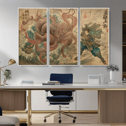 63782167-MGV-CV-36X24-Tsukioka Yoshitoshi Samurai Wall Art Print, Japanese Katana Warrior Canvas Wall Art, Octopus Sea Monster Canvas Print,