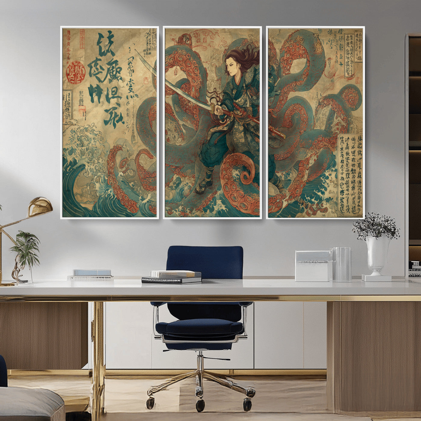 98593115-MGV-CV-36X24-Samurai Warrior vs Octopus Wall Art – Japanese Ukiyo-e Calligraphy Canvas Print, Ocean Battle Scene Artwork for Living Room,