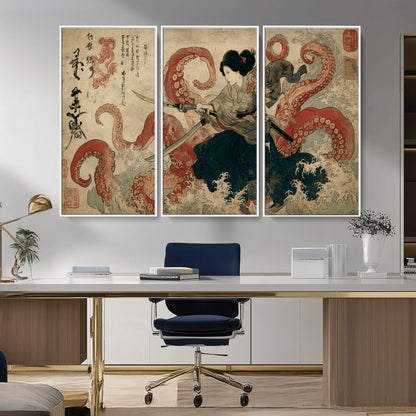 50812504-MGV-CV-36X24-Tsukioka Yoshitoshi Samurai Wall Art Print, Japanese Katana Warrior Canvas Wall Art, Octopus Sea Monster Canvas Print,
