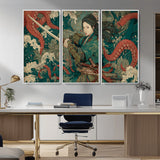 35461724-MGV-FC-48X32-3P_White-Samurai Woman vs Octopus Wall Art – Japanese Ukiyo-e Ocean Waves Canvas Print, Red Tentacle Battle Artwork for Living Room,