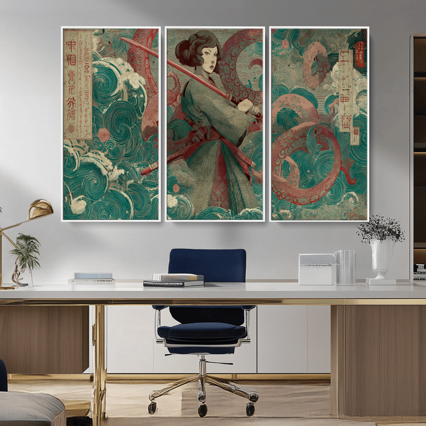 91666601-MGV-CV-36X24-Samurai Woman vs Octopus Wall Art – Japanese Ukiyo-e Green Robe Canvas Print, Ocean Battle Artwork for Living Room, Office, Man