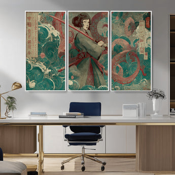 91666601-MGV-CV-36X24-Samurai Woman vs Octopus Wall Art – Japanese Ukiyo-e Green Robe Canvas Print, Ocean Battle Artwork for Living Room, Office, Man