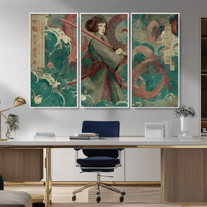 91666601-MGV-CV-36X24-Samurai Woman vs Octopus Wall Art – Japanese Ukiyo-e Green Robe Canvas Print, Ocean Battle Artwork for Living Room, Office, Man