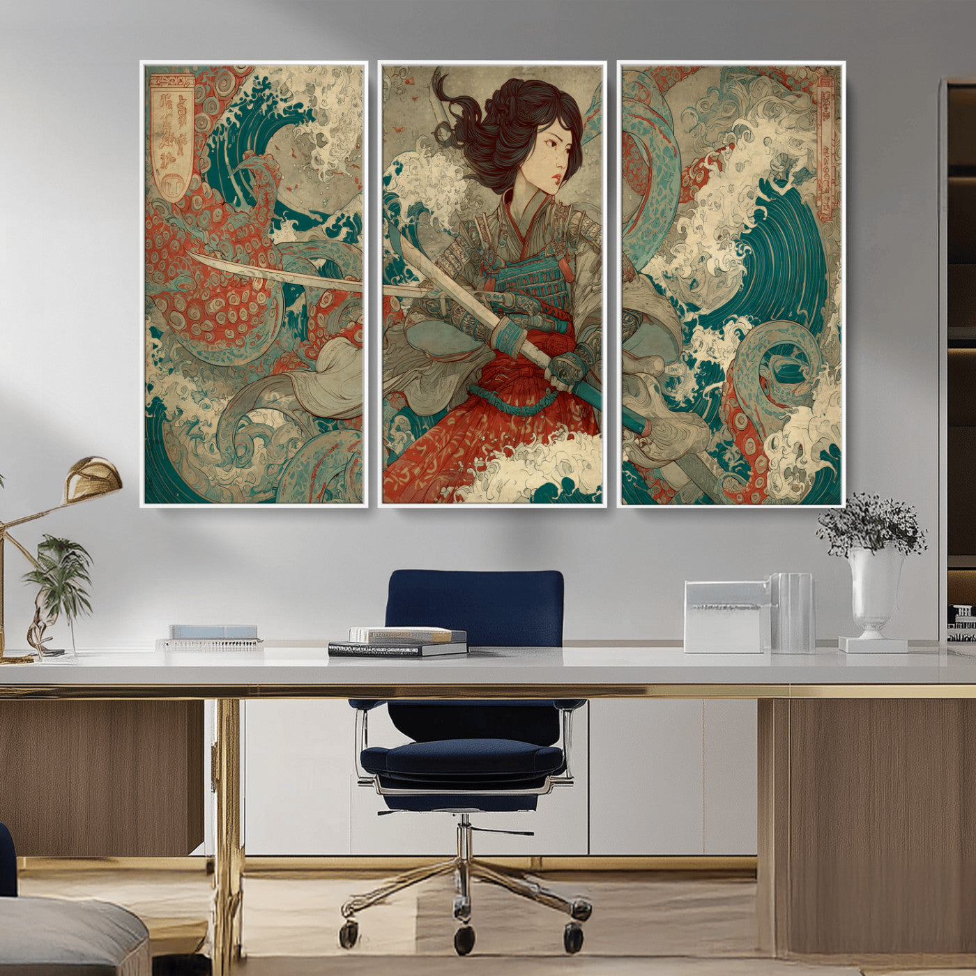 37797255-MGV-CV-36X24-Samurai Woman vs Octopus Wall Art – Japanese Ukiyo-e Red Armor Ocean Battle Canvas Print, Warrior Artwork for Living Room, Office,