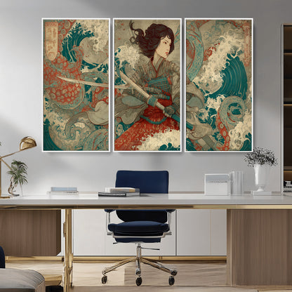 37797255-MGV-CV-36X24-Samurai Woman vs Octopus Wall Art – Japanese Ukiyo-e Red Armor Ocean Battle Canvas Print, Warrior Artwork for Living Room, Office,