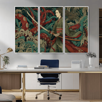 18902796-MGV-CV-36X24-Samurai Woman vs Octopus Wall Art – Japanese Ukiyo-e Green Kimono Canvas Print, Ocean Battle Scene Artwork for Living Room,
