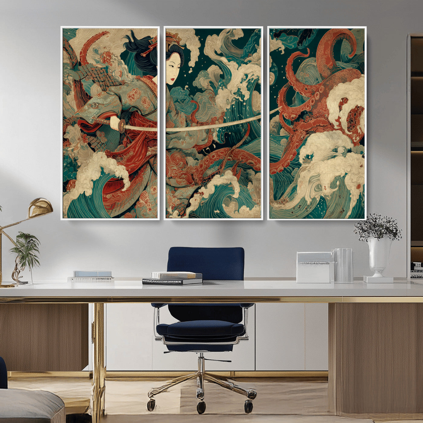 30212982-MGV-CV-36X24-Samurai Woman vs Octopus Wall Art – Japanese Ukiyo-e Style Warrior and Sea Monster Canvas Print, Mythology Inspired Artwork for