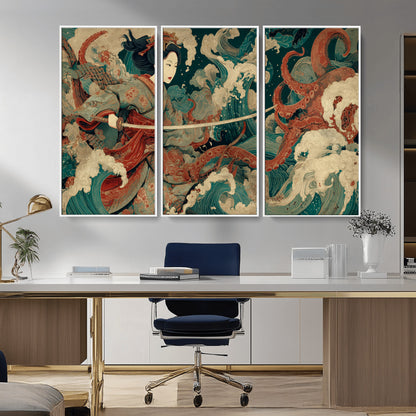 30212982-MGV-CV-36X24-Samurai Woman vs Octopus Wall Art – Japanese Ukiyo-e Style Warrior and Sea Monster Canvas Print, Mythology Inspired Artwork for