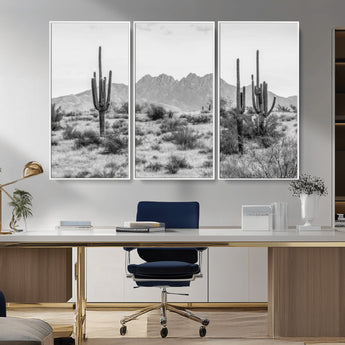 97436PHN-MGV-CV-36X24-Desert Landscape Wall Art – Black and White Cactus and Mountain Canvas Print, Southwestern Nature Photography for Living Room,