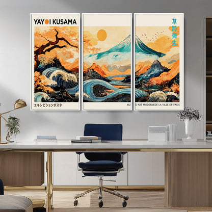 94085549-MGV-CV-36X24-Yayoi Kusama Inspired Japanese Landscape Art Print – Vibrant Mount Fuji, Waves & Autumn Trees, Modern Decorative Poster for