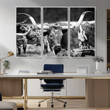 15425553-MGV-FC-48X32-3P_White-Western Wall Art – Longhorn Cattle Black and White Canvas Print, Rustic Ranch Photography Decor for Bedroom, Living Room, Office,