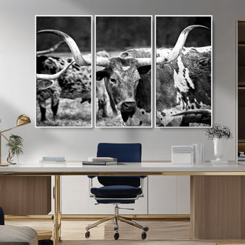 15425553-MGV-FC-48X32-3P_White-Western Wall Art – Longhorn Cattle Black and White Canvas Print, Rustic Ranch Photography Decor for Bedroom, Living Room, Office,