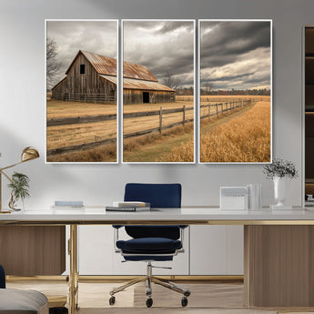 21991117-MGV-CV-36X24-Rustic Barn Wall Art – Weathered Farmhouse Canvas Print, Stormy Sky and Golden Field Photography Decor for Bedroom, Living Room,