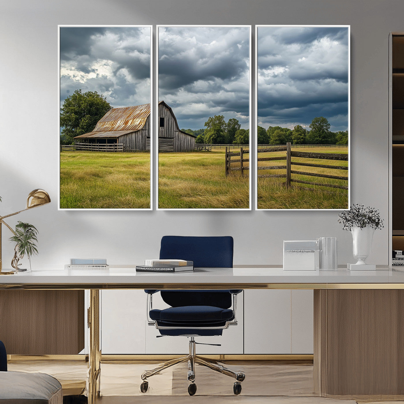 39409517-MGV-CV-36X24-Rustic Barn Wall Art – Weathered Farmhouse and Storm Clouds Canvas Print, Country Landscape Photography Decor for Bedroom, Living