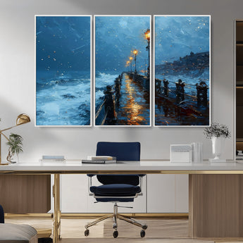 93793246-MGV-CV-36X24-Stormy Night Pier Canvas Wall Art – Moody Ocean Landscape with Lights, Blue Coastal Seascape Print for Bedroom, Living Room,