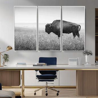 90861202-MGV-CV-36X24-Black and White Bison Canvas Wall Art – Rustic American Buffalo Print, Western Wildlife Photography for Farmhouse, Cabin, Office