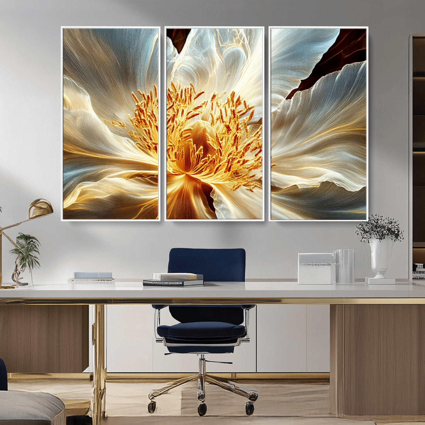 20862576-MGV-CV-36X24-Golden Abstract Flower Canvas Wall Art – Modern Botanical Bloom Print, Elegant Floral Artwork for Living Room, Bedroom, Office