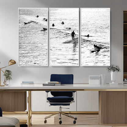 68018616-MGV-CV-36X24-Black and White Surf Photography Print – Minimalist Ocean Wall Art, Surfers Riding Waves, Coastal Beach Decor for Modern Home or