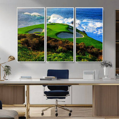 34181847-MGV-FC-48X32-3P_White-Coastal Golf Course Wall Art – Panoramic Ocean Fairway Canvas Print, Scenic Sports Photography Decor for Office, Man Cave, Living
