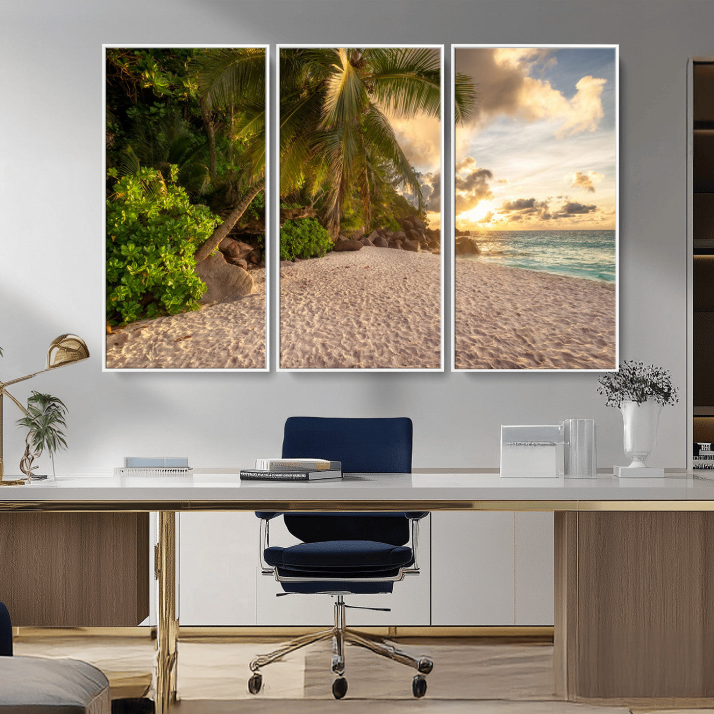 89531159-MGV-CV-36X24-Tropical Beach Sunset Canvas Wall Art – Palm Trees Golden Sand Ocean Waves Coastal Paradise Print for Beach House Bedroom Bathroom