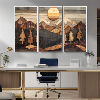 90044381-MGV-CV-36X24-Rustic Wall Art – Wooden Mountain Landscape with Sun and Pine Trees, Handcrafted Nature Canvas Style Decor for Bedroom, Living