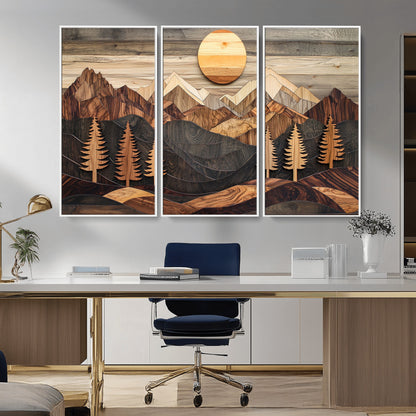 90044381-MGV-CV-36X24-Rustic Wall Art – Wooden Mountain Landscape with Sun and Pine Trees, Handcrafted Nature Canvas Style Decor for Bedroom, Living