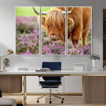 64069351-MGV-FC-48X32-3P_White-Farmhouse Wall Art – Highland Cow in Wildflowers Canvas Print, Rustic Country Cattle Photography Decor for Bedroom, Living Room,