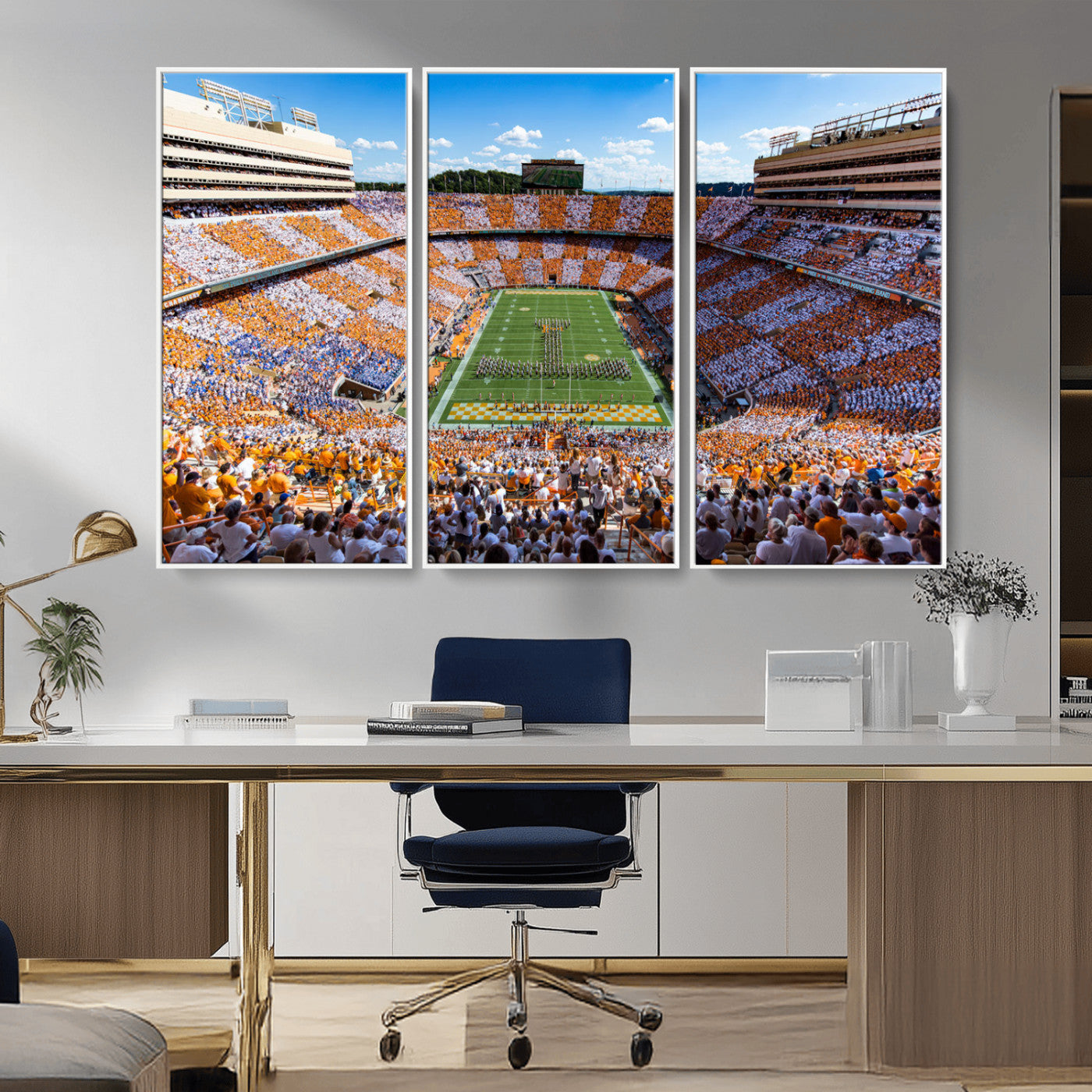 64238859-MGV-CV-36X24-Neyland Stadium Wall Art – Panoramic Tennessee Volunteers Power T Checkerboard Crowd Canvas Print, Day Game Football Band Sports