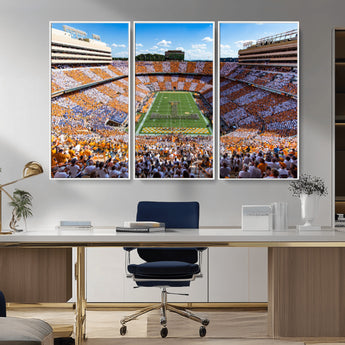 64238859-MGV-CV-36X24-Neyland Stadium Wall Art – Panoramic Tennessee Volunteers Power T Checkerboard Crowd Canvas Print, Day Game Football Band Sports