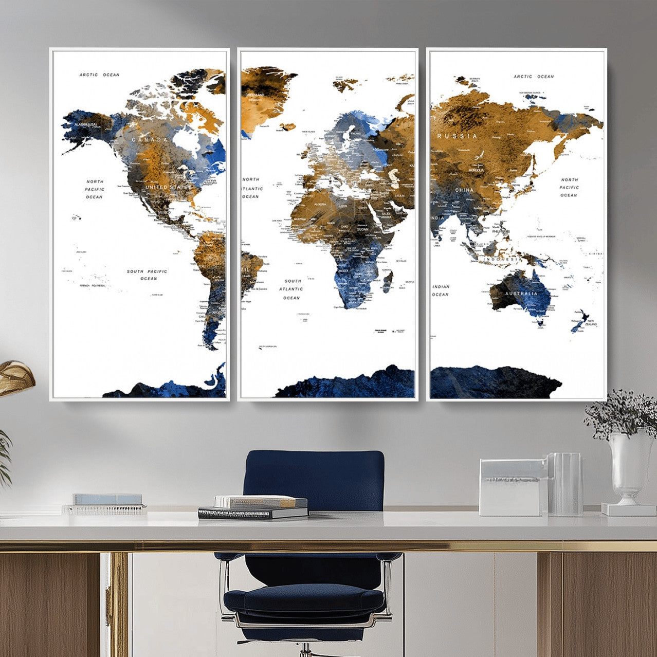 MGV-FC-48X32-3P - World Map Wall Art Canvas Print, Framed Blue Gold Map Art Picture Print, Rustic Atlas Perfect Rustic Modern Decor Artwork