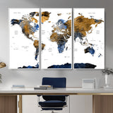 MGV-FC-48X32-3P - World Map Wall Art Canvas Print, Framed Blue Gold Map Art Picture Print, Rustic Atlas Perfect Rustic Modern Decor Artwork