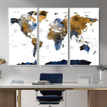 MGV-FC-48X32-3P - World Map Wall Art Canvas Print, Framed Blue Gold Map Art Picture Print, Rustic Atlas Perfect Rustic Modern Decor Artwork