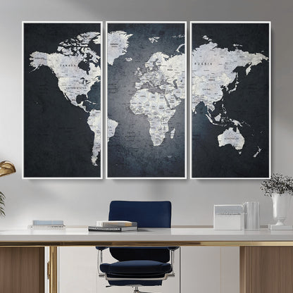 MGV-FC-48X32-3P - Monochrome World Map Wall Art Canvas Print, Framed Minimalist Map Art Picture Print, Modern Atlas Perfect Modern Minimalist Decor Artwork