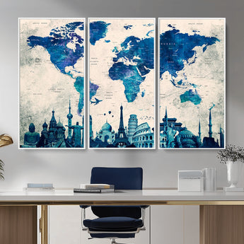 MGV-FC-48X32-3P - Blue World Map Wall Art Canvas Print, Framed Iconic Landmarks Art Picture Print, Blue Globe Map Perfect Elegant Explorer Decor Artwork