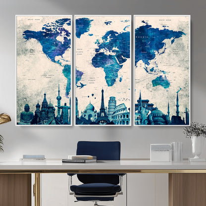 MGV-FC-48X32-3P - Blue World Map Wall Art Canvas Print, Framed Iconic Landmarks Art Picture Print, Blue Globe Map Perfect Elegant Explorer Decor Artwork