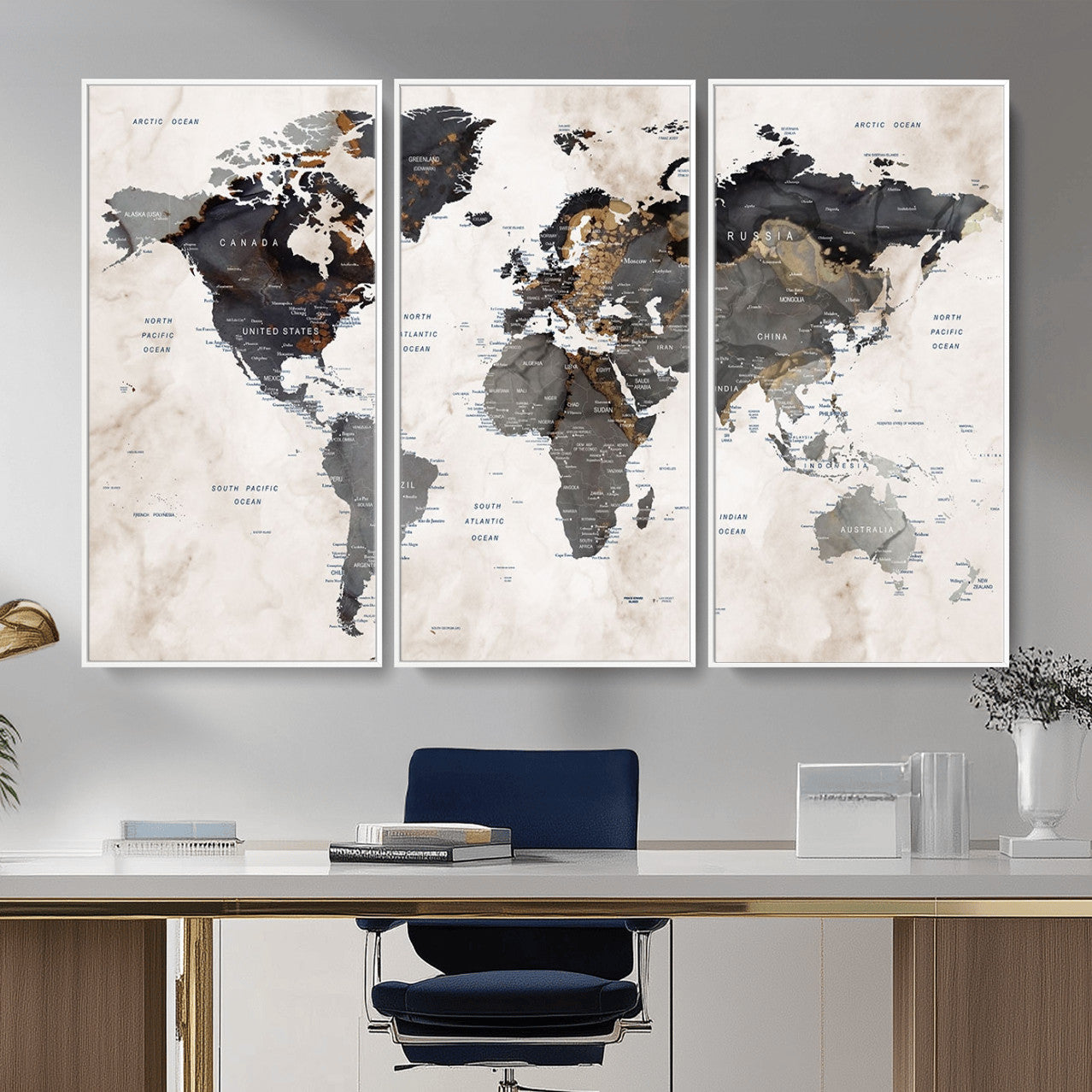 MGV-FC-48X32-3P - World Map Wall Art Canvas Print, Framed Rustic Map Art Picture Print, Antique Map Perfect Rustic Explorer Decor Artwork