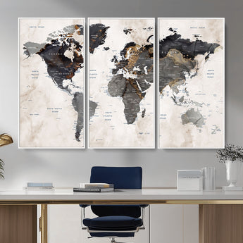 MGV-FC-48X32-3P - World Map Wall Art Canvas Print, Framed Rustic Map Art Picture Print, Antique Map Perfect Rustic Explorer Decor Artwork