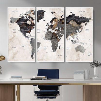 MGV-FC-48X32-3P - World Map Wall Art Canvas Print, Framed Rustic Map Art Picture Print, Antique Map Perfect Rustic Explorer Decor Artwork
