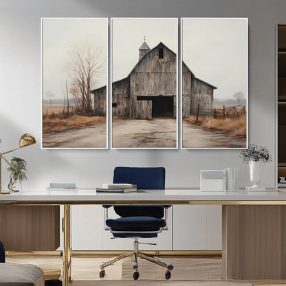 90499-MGV-FC-48X32-3P_White-Old Barn Wall Art Canvas Print, Framed Rustic Barn Art Picture Print, Abandoned Farm Perfect Rustic Farmhouse Decor Artwork