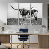 83785-MGV-CV-36X24-Texas Longhorn Wall Art Canvas Print, Framed Horned Bull Art Picture Print, Monochrome Cattle Perfect Rustic Western Decor Artwork
